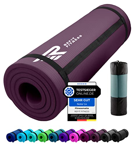 REFIT FITNESS Gymnastikmatte Profi 190 x 60 x 1.0 cm Aubergine PainProtect SmartCell NBR rutschfeste Yoga Matte Pilates Sport Gymnastik Yogamatte 10 MM Sportmatte Tragegurt Tasche