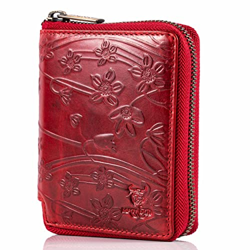 MATADOR® Geldbeutel Damen umlaufender Reißverschluss Geldbörse Portemonnaie Echt Leder Geldbeutel mit TüV geprüftem RFID Schutz & NFC Blocker in Portmonee Blumeprägung Rot
