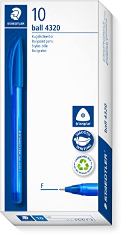 STAEDTLER dreikant stick Kugelschreiber, Schreibfarbe blau, Linienbreite F ca. 0,7 mm, für entspanntes Schreiben, 10 blaue Kugelschreiber im Kartonetui, 4320 F-3