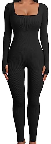 UMIPUBO Combinaison Femme Sport Yoga Jumpsuit Manches Longues Sexy à Col Carré Côtes Combinaison Une Pièces Bustiers Femme Vêtement de Sport(Noir,L)