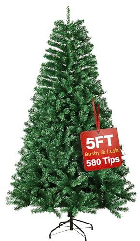 5ft Premium Christmas Tree 580 Branch Tips Green Xmas Trees Bushy Artificial Christmas Tree Pine Tree with Metal Stand Easy to Assemble Realistic Spruce Branches Christmas Tree for Indoor and Outdoor