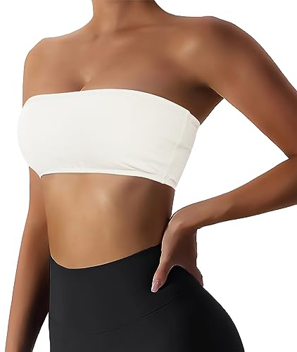Boudaner Women’s Padded Bandeau Sports Tube Top Bra Strapless Wireless Solid Seamless Yoga Workout Bralette White
