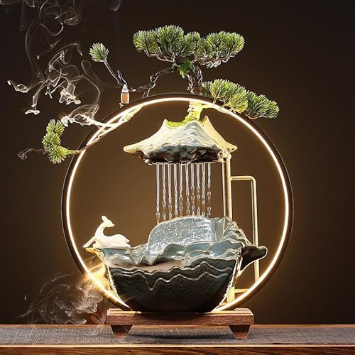 Vattenfontän för heminredning, LED-ljus kaskadfontän för inomhus utomhus, zen, modern design med keramisk kropp, handamde ugn keramik (stil 2 rådjur liten)