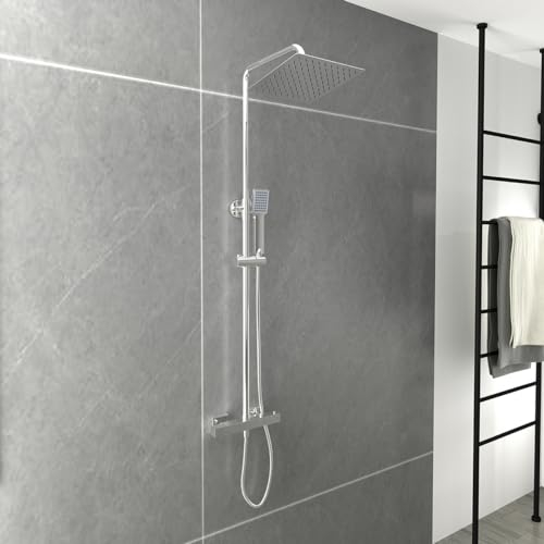 Plumbsys Chrom Duschsystem mit Thermostat Wassersparend mit Handbrause und t Kopfbrause Rechteckig,Thermostat Duschset 304 rostfreier Stahl
