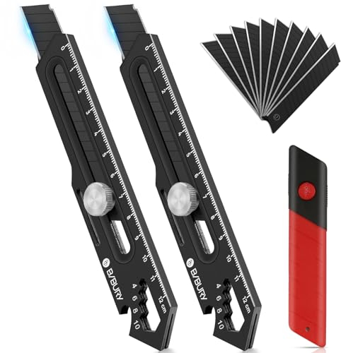 BIBURY 2 Stück Profi Cuttermesser, Edelstahl Universalmesser mit Extra 10SK5 18mm Abbrechklinge, Multifunktionales Mehrzweck Teppichmesser Druckguss Cutter Messer für Innenbereich & Heimwerker-Schwarz