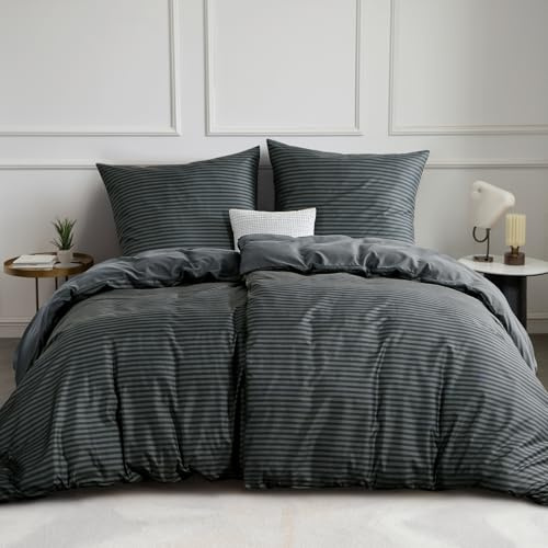 Aisbo Sängkläder 135 x 200 4 delar påslakan – sängkläder set 135 x 200 randigt antracitgrått mönster med 2 örngott 80 x 80 cm, mikrofiberpåslakan set om 2 med dragkedja, strykfri och mjuk