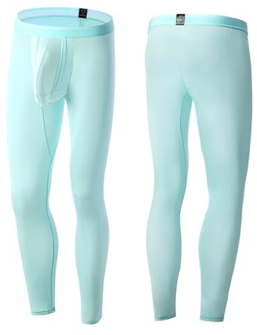 Freebily Herren Eisseide Leggings Sport Unterhose Lang Mit Bulge Pouch Männer Baselayer Sport Strumpfhose Schlafhose Hellblau 3XL
