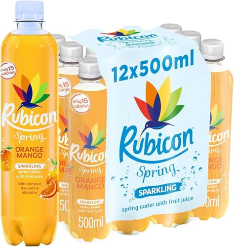 Rub-Icon Spring Orange and Mango, Sparkling Spring Water with Real Fruit Juice & Natural Flavours, Refreshing Hydration & Delicious Fruity Flavour, No Artificial Colours - 12 x 500ml Bottle