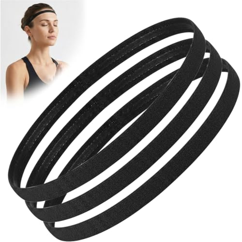 3 Pack Sports Headbands, Durable Elastic Non-Slip Sweatbands for Men and Women, Adjustable Hair Accessories Breathable Thin Hair Bands for Running Football Yoga Tennis Gym Workouts Black