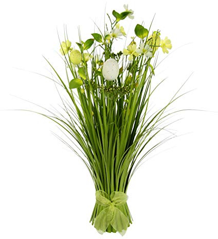 Gräsbuss med blommor, blommor, ägg och slingor, konstgräs kanter, grässtenar, dekorgräs, prydnadsgräs, gräslås, gräslåsor, gräsarrangemang, gräsmatta, skyltar, påsk, dekoration