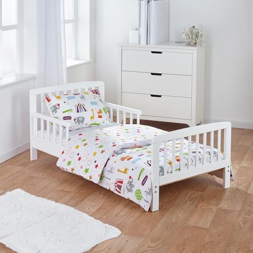 ELEGANT BABY Complete 4 Piece Kids White Toddler Bed Bundle and Circus Friends Reversible Bedding Set | Junior Bed and Children's Bed | Mattress not Included