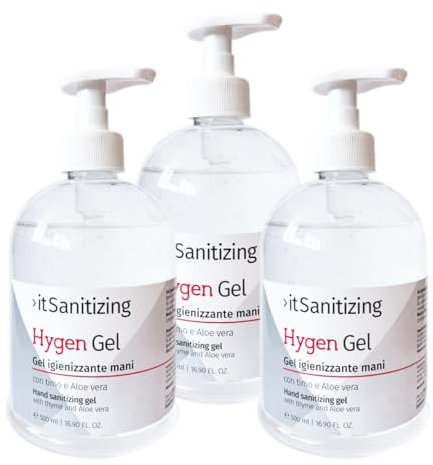 Hygen Gel Mani Disinfettante Igienizzante 1,5 Litri Antibatterico Sanificante Alcool 75% Elimina Virus Naturale con Aloe Vera e Timo Senza Risciacquo Profumato al Limone - 3 Flaconi da 500 ml