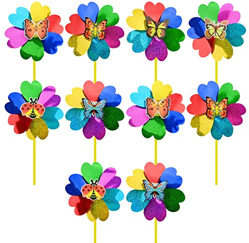 10 Piezas Molino de Viento de Plástico, Hilanderas de viento con flores de colores, Molinos de Viento de Arco Iris Juguetes para Niños, Molinete repelente de pájaros para Exterior Jardín DIY Decor (A)