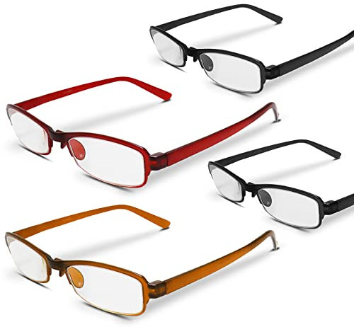 RE-GEN 4pc Pack Slim Style Low Profile Plastic Frame Lightweight Rectangular Adult Reading Glasses Mens/Womens (Black/Brown/Red, 2.5, diopters)