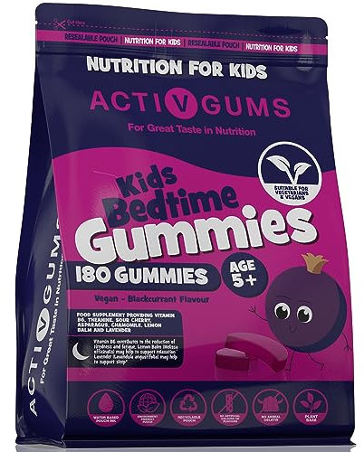 Kinder schlafen 180 vegane Gummis | Johannisbeer-Geschmack | Melatonin & 5HTP-frei | Enthält Vitamin B6, Montmorency Kirsche, Kamille | Wiederverwendbare & recycelbare Tasche | Ab 5 Jahren| ActivGums®