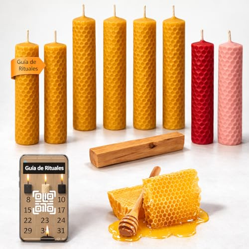 Kit Rituale Candele al Miele 100% Cera d'api | 8 Candele + Bastone Santo | Amore e Abbondanza | 6 Miele 1 Rosso 1 Rosa | Include QR con Rituale Abbondanza e Prosperità Giorni 11 e 22