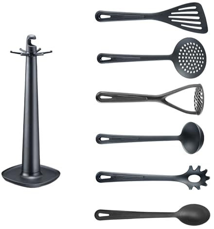 Westmark Utensilios de Cocina, Soporte giratorio con pasapurés, Cuchara, Cuchara para pasta, Cucharón sopero, Espumadera y Espátula, Negro, 7 piezas