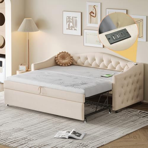 DRIXNO Polsterbett Ausziehbares Schlafsofa, 90 * 200 cm, Mit USB-Anschluss, Klassische Form mit Knöpfen mit Lattenrost, Multifunktionsbett - Gästebett, Leinenstoff, Beige (Matratze Nicht enthalten)
