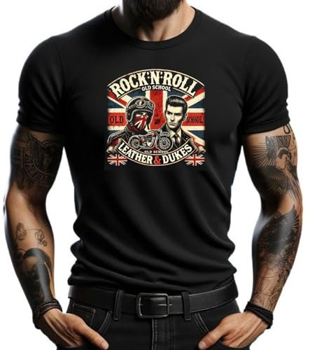 Camiseta Negra Hombre Rock n Roll Old School - Diseño Vintage Británico con Estilo Motociclista (FR/ES, Letras, XL, Regular, Regular, Negro)