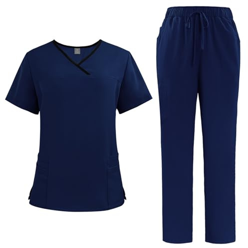 Meichoon Scrubs per le donne con scollo a V e manica corta Set top e pantaloni da jogging morbido e assorbente dal sudore Uniformi infermieristiche mediche DK51Blu scuro M