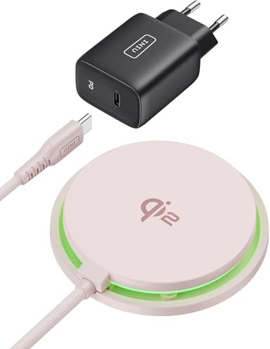 INIU Induktionsladdare iPhone ljusrosa, 15 W Qi2 certifierad snabbladdare kompatibel med laddare, trådlös laddare för iPhone 16 Pro 15 14 13 12 Plus, med USB-C-kabel och adapter ingår
