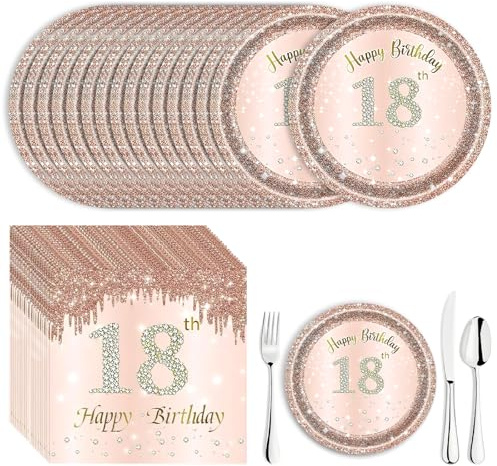 APOMOONS Deco Anniversaire 18 Ans, 16 Assiettes en Carton et 20 Serviettes de Table, Anniversaire 18 Ans Fille, Rose, 16.5cm Serviettes, 18cm Plateau pour la Fête