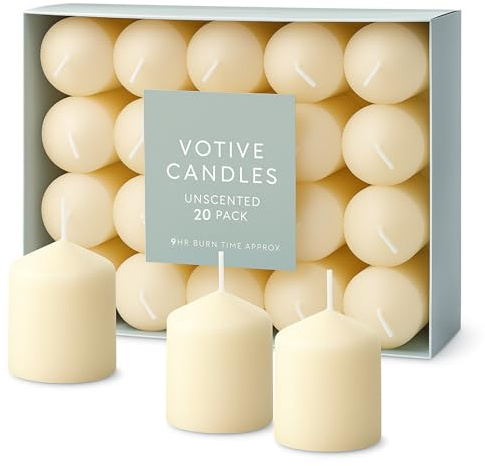 Lizzy 40 Pack Unscented Votive Candles| Natural Colour Wax Candles with 9-Hour Burn Time | 5cm x 3.7cm | for Weddings, Events, Home Décor, Table Centrepieces, Candle Holders (Pack of 40)