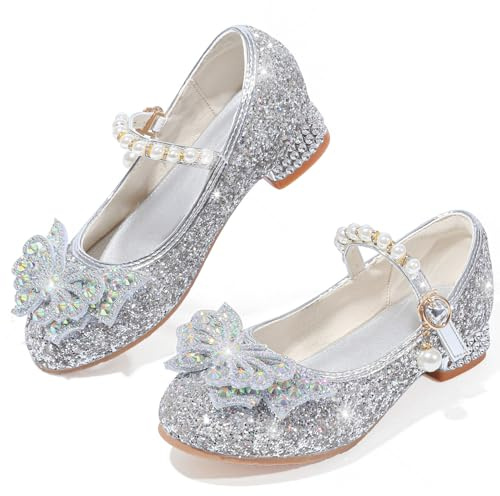 VTASQ Girls Mary Jane Dress Shoes Low Heels Princess Shoes Toddler Sequin Party Wedding Birthday Prom Cosplay Dance Shoes Silver UK7