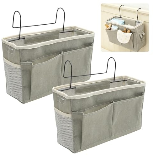 JUUDDENPARTS 2Pcs Grey Bedside Hanging Storage Basket, Large Capacity Multifunctional Bedside Organizer with Metal Hooks, Ideal for School, Office, Home, Dorm