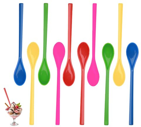 10 cucharas largas de plástico coloridas, cucharas de plástico, cucharas de helado, cucharas largas de plástico, reutilizables, cucharas de yogur, cucharas largas de cereales, mango resistente para