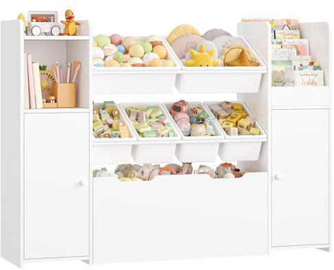 FOREHILL Organizer Giocattoli, Porta Giochi Bambini con 6 Scatole Contenitori, Mobile Porta Giochi con Portariviste, 1 Cassetto Grande con Ruote, per Cameretta e Sale Giochi, 138x30x94 cm (Bianco)