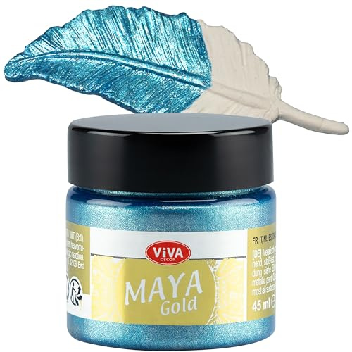 Viva Decor Maya Gold 45ml (Eisblau) - Metallic-Acrylfarbe für kreative Werke auf Holz, Glas und Porzellan. Stoßfest, wischfest und wetterfest für glänzende Metall- / Metallic Effekte
