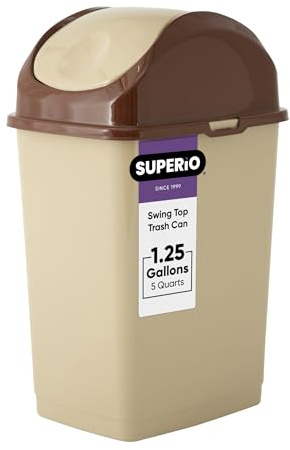 Superio Mini Desktop Trash Can with Swing Top Lid Portable Plastic Garbage Can for Countertop, Desktop, Make up Vanity, Bathroom, Car, Under Sink, Dorm, Compact Waste Bin 5 L, 1.25 Gal (Beige)