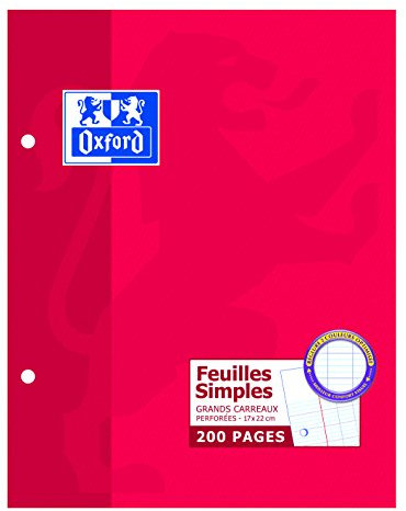 OXFORD Pack de 100 Feuilles Simples Perforées Grands Carreaux Seyès 90 g 17x22 cm Blanc