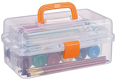 Relaxdays Transparente Plastikbox, 9 Fächer, Werkzeugbox, Nähkästchen, Werkzeugkoffer, Werkzeug, HBT 14x33x19 cm, orange