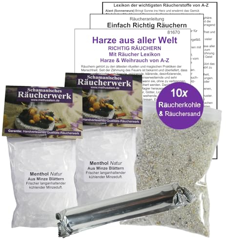 2 x 50ml MENTHOL Kristalle Eiskristalle aus natürlicher Minze zum Räuchern, Ausräuchern, Hausreinigung, Rauhnächte oder für Sauna Aufguss. 6-tlg Räucherset mit Räucherwerk (4 x ZUBEHÖR). 81670-55