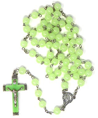 Glow in the dark rosary beads round luminous bead and cross silver chain long 58cm