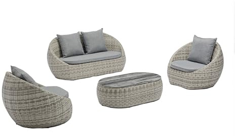 TEMPO STYLE - Salottino Lounge in polyrattan SANTORINI grigio-mélange | Lounge da giardino con divano, tavolo, 2 poltrone e cuscini | Set di mobili da giardino da 4 persone