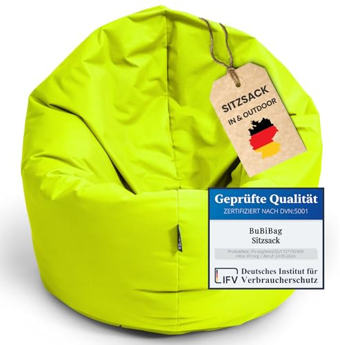 BuBiBag 2in1 Sitzsack L - XXL mit Füllung für Kinder & Erwachsene, Gaming Beanbag & Bodenkissen für Indoor & Outdoor Sessel Pflegeleicht & Wasserabweisend XXXL RIESENSITZSACK (Ø 155 cm Lime)