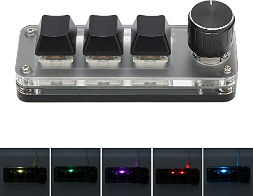 Jopwkuin Macro Keyboard with Knob, 3 Keys OSU Keypad with RGB Backlight, Acrylic Programmable Keypad Plug and Play, for oFfice, Game, Music, Music Production, etc.