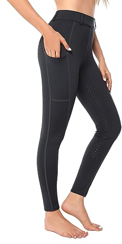 Havideto Reitleggings Damen Vollbesatz mit Handytasche, High Waist Reithose Damen Mädchen Stretch mit Gürtelschlaufen Grau XL
