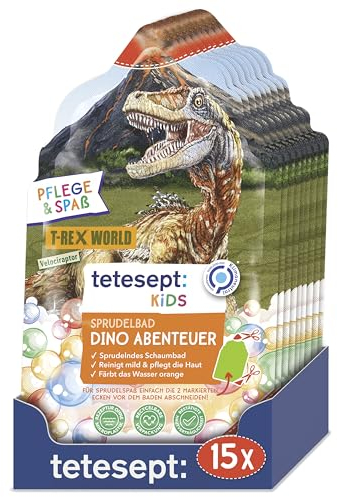 tetesept KIDS Sprudelbad Dino Abenteuer mit fruchtigem Duft und mehrfarbigem Sprudelschaum – Dinostarker Kinder Badespaß mit Badeschaum und orangefarbenem Wasser, sprudelndes Schaumbad – 15 x 40 g