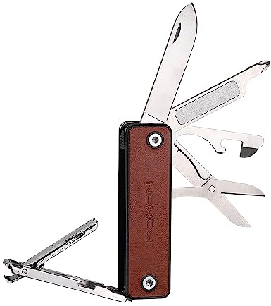 ROXON M4 10 in 1 Tragbare Nagelknipser Multi-Tool mit Leder, Utility Tool mit Sicherheit abschließbar kleines Messer, Schere, Datei, Flaschenöffner, Schraubendreher
