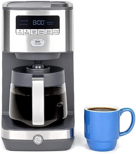 GE Drip Coffee Maker With Timer | 12-Cup Glass Carafe Coffee Pot With Adjustable Keep Warm Plate | Wide Shower Head for Maximum Flavor | Kitchen Essentials | Stainless Steel