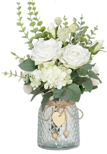 Fleurs Artificielles avec Vase, Bouquet d'Hortensias pour la Décoration de Table, Mariage, Bureau, Ferme, Cuisine et Maison - Blanc