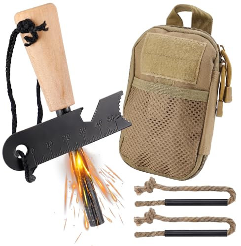 Fire Starter Survival Tool, Fire Starter Kit Includes Magnesium Rod, Steel Striker, 2 Pcs Wick Hemp Rope and Multifunctional Outdoor Bag, Fire Starters for Campfires Hiking Survival Training Gift