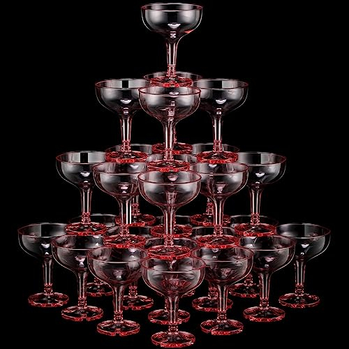 Zopeal 30 Pcs Champagne Coupe Glasses 5 oz Plastic Champagne Tower Disposable Martini Glasses Stackable Stemmed Margarita Coupe for Wedding Birthday Halloween Party Bar(Pink,Transparent)