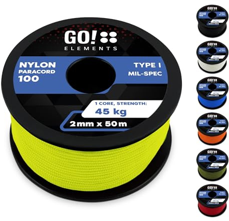 GO!elements 50m Paracord 2mm in corda di nylon antistrappo - Corda di sopravvivenza Paracord 100 Tipo I - antistrappo e caricabile fino a 45kg, Colore: Neon