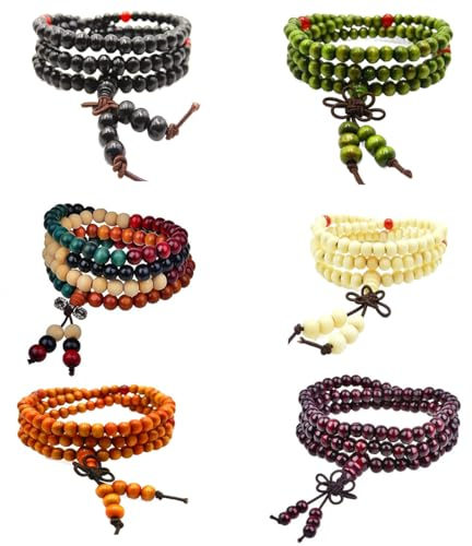 IOURVYA 6PCS Tibetisches Perlen Armband Holzarmband buddhistische Gebetskette 8mm Buddha armbänder Mala mit 108 Holzperlen Perlenarmband Kette Halskette Herren Damen