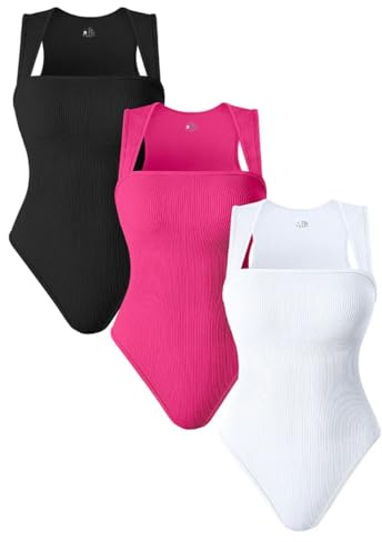 AIDEUX Tghetiop Body 3 Pièces Sans Manches Pour Femme Col Carré Shapewear Débardeur Côtelé Minceur Sexy Sans Coutures, Noir Rose 3 Blanc 1, L